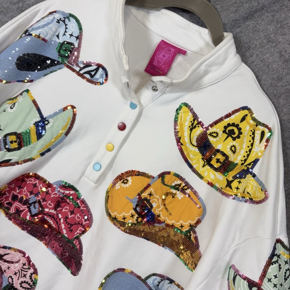 Queen of Sparkles Sweatshirt Womens Sz L White Cowboy Hats Snap Rodeo Glamour